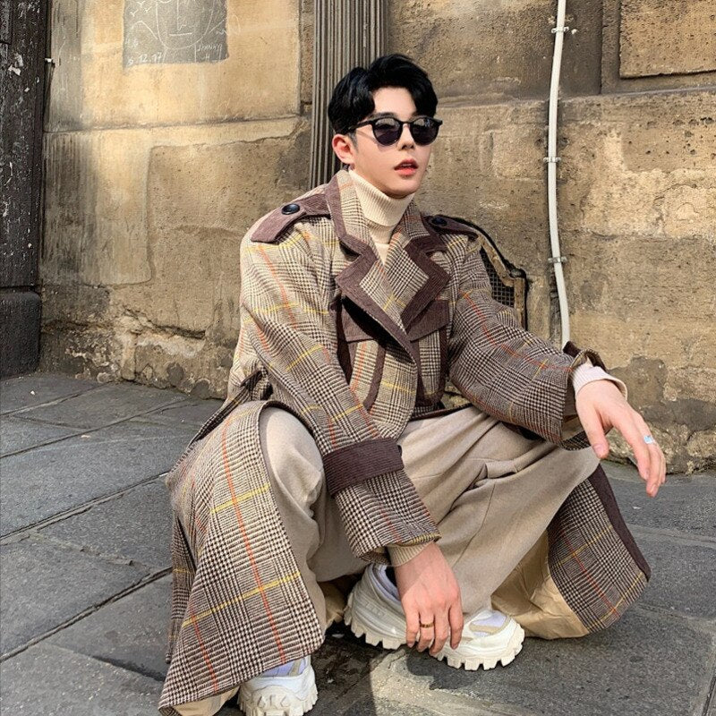 Plaid Splice Double Breasted Long Vintage Style Men Coat