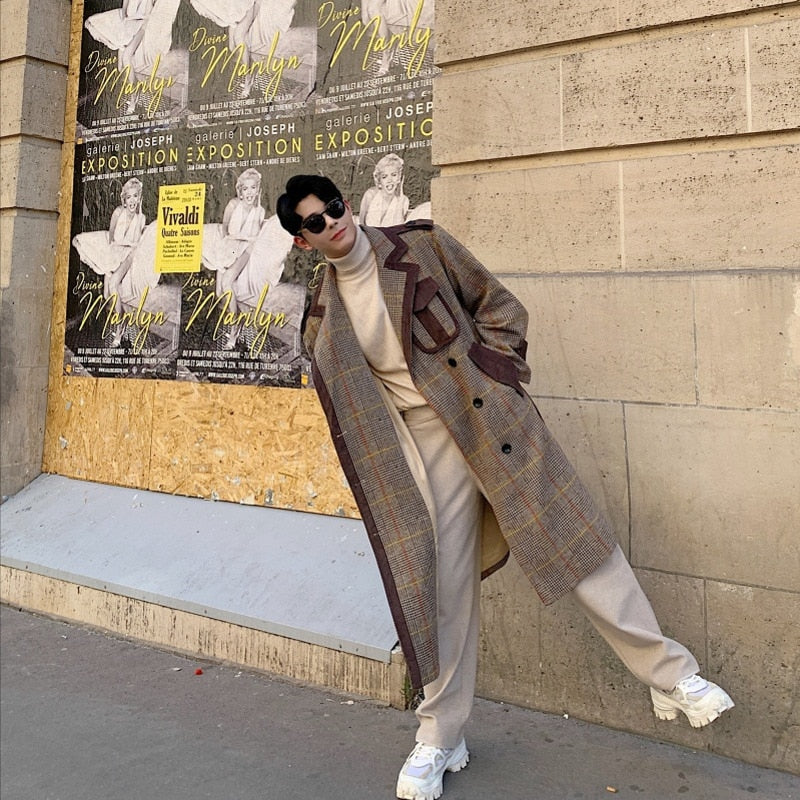 Plaid Splice Double Breasted Long Vintage Style Men Coat