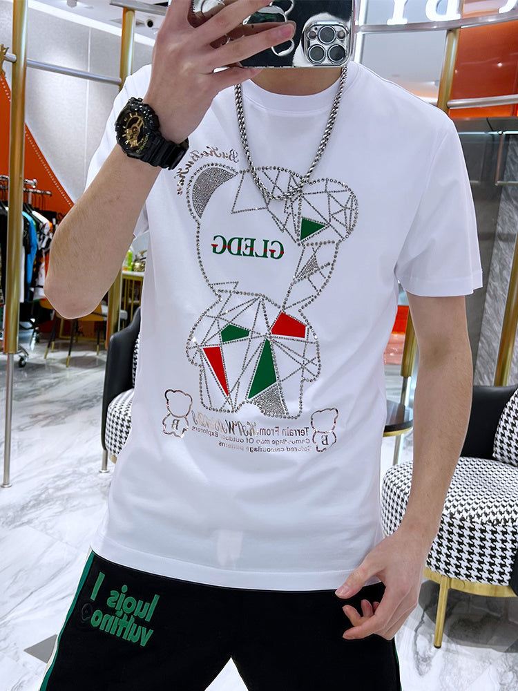 Camiseta con cuello redondo y estampado de oso de diamantes de imitación