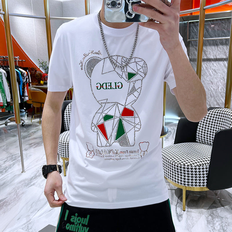 Bear Rhinestone Printed O-Neck T-Shirt