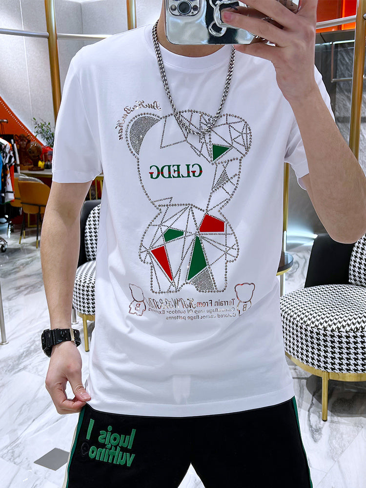 Camiseta con cuello redondo y estampado de oso de diamantes de imitación