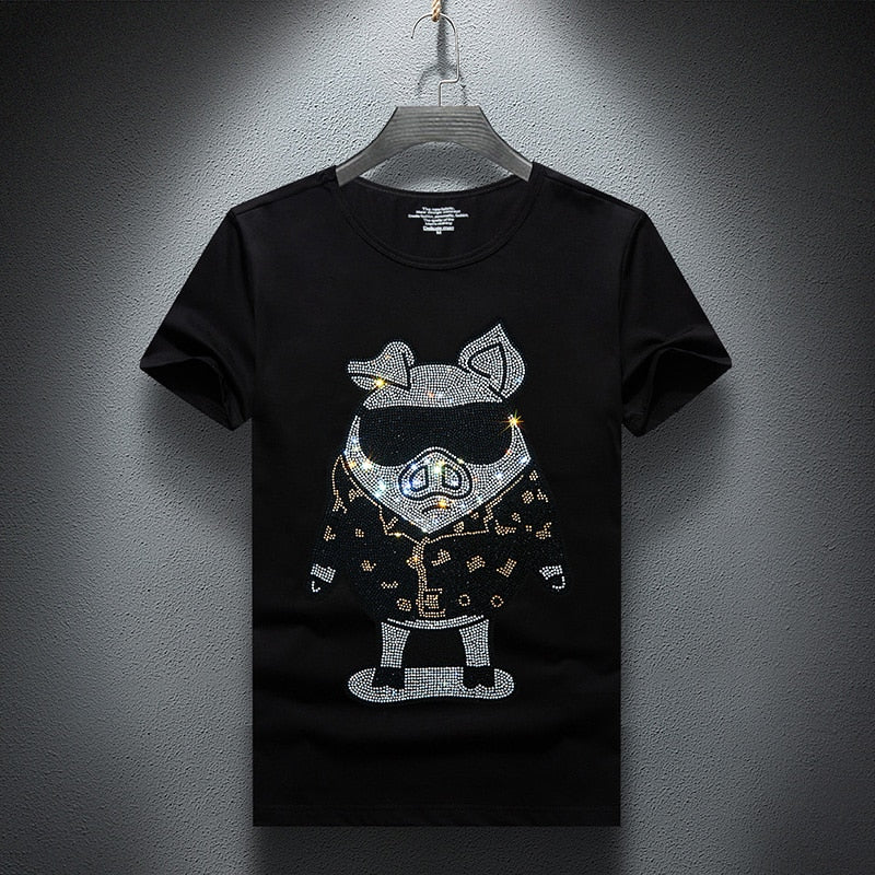 T-shirt décoré de strass de cochon de gangster