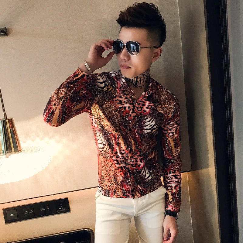 Casual Summer Thin Long Sleeve Leopard Print Men Shirt