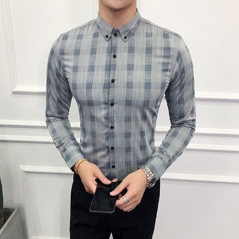 Camisas de manga larga para hombres de estilo formal de negocios con estampado de celosía simple