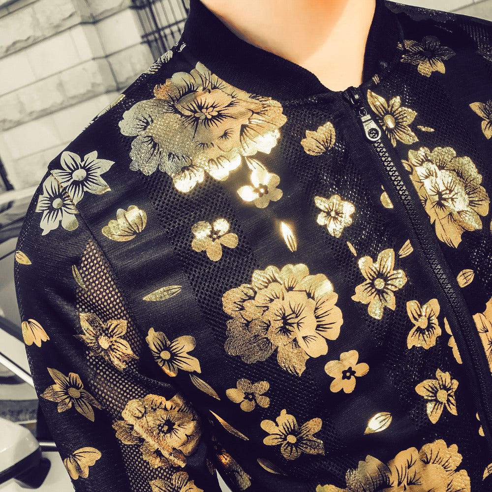 Floral Print Semi Transparent Men Thin Slim Fit Bomber Jacket - FanFreakz