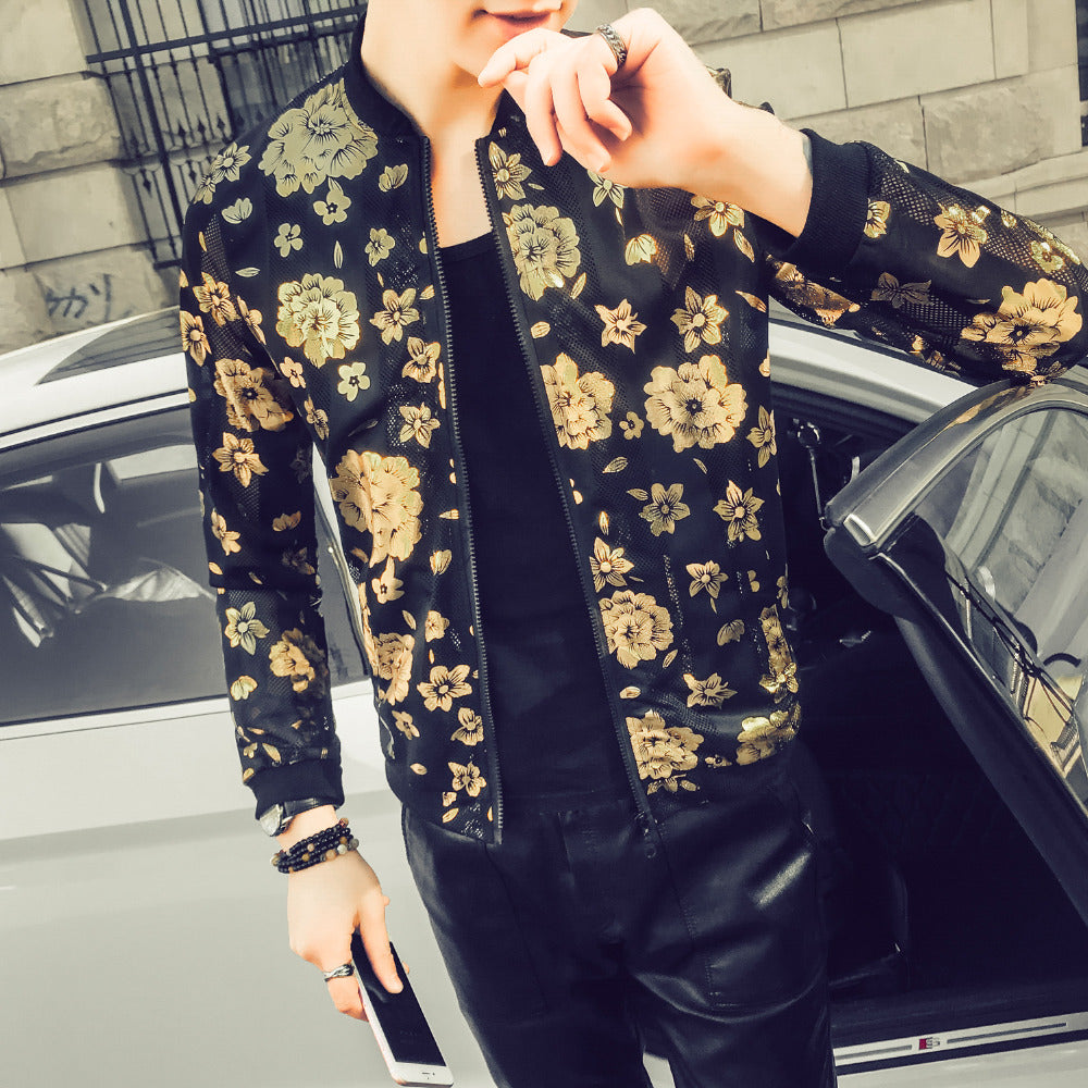 Floral Print Semi Transparent Men Thin Slim Fit Bomber Jacket - FanFreakz