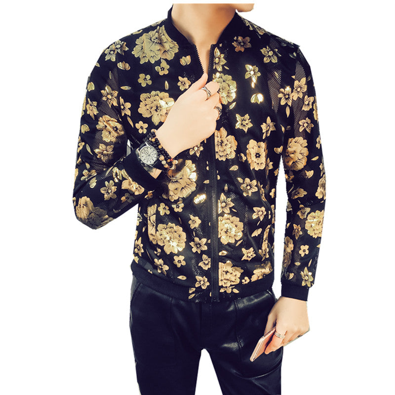Floral Print Semi Transparent Men Thin Slim Fit Bomber Jacket - FanFreakz