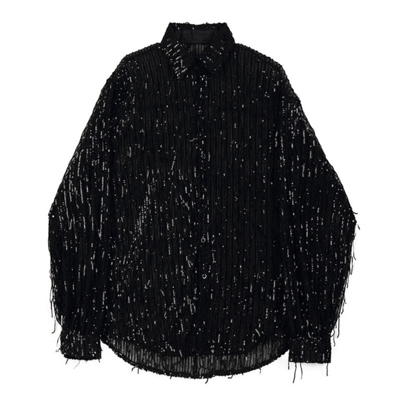 Irregular Sequin Tassel Bling Shirt