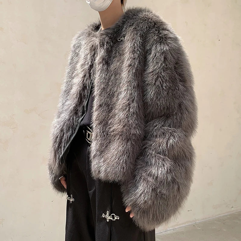Grey Faux Fur Thickened Jacket