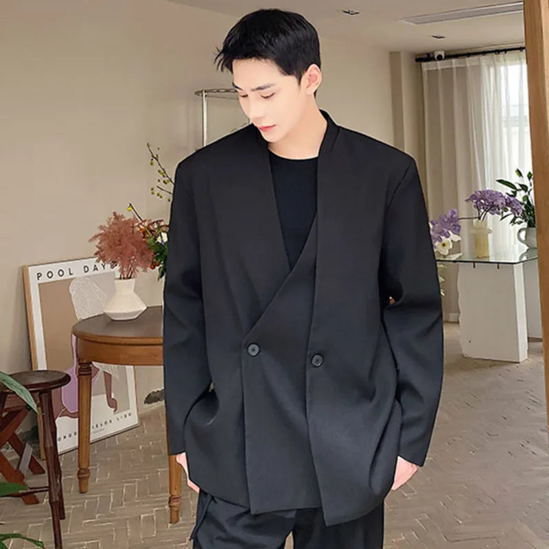 Black Double Collar Solid Blazer