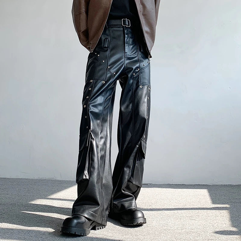 Black Solid Rivet Leather Pants