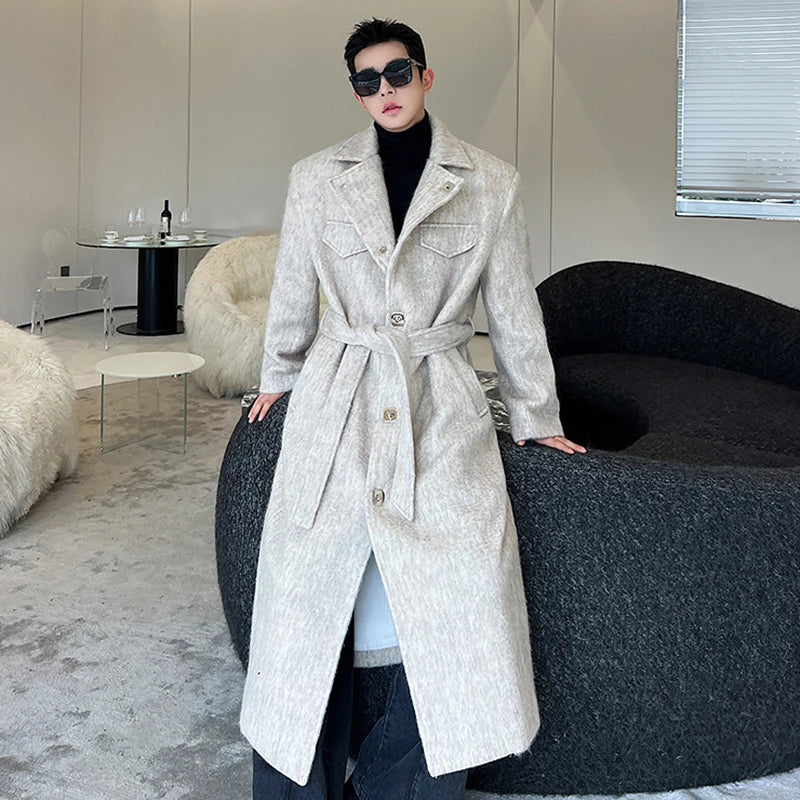 Woolen Belt Solid Long Coat
