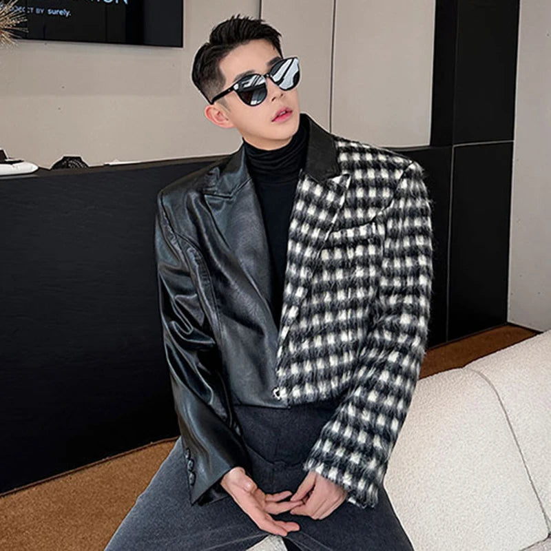 Plaid Leather Patchwork Crop Blazer