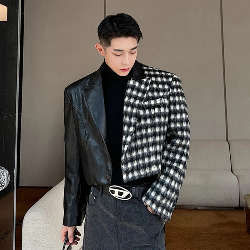 Plaid Leather Patchwork Crop Blazer