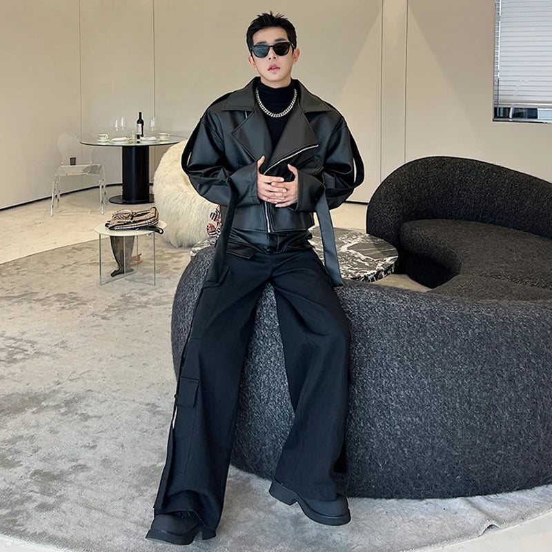 Leather Spliced Black Pants Set