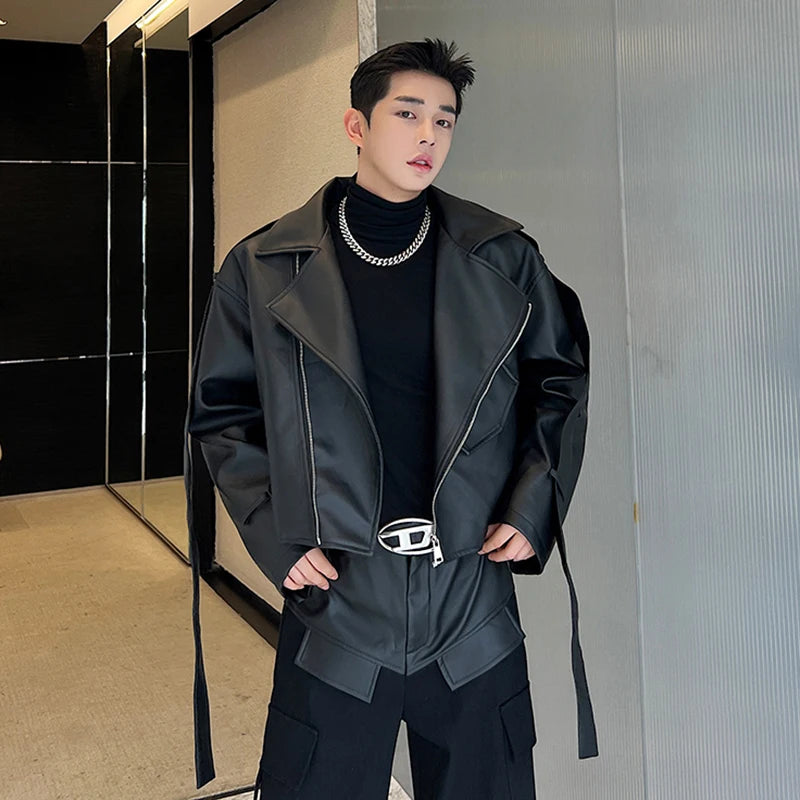 Leather Spliced Black Pants Set