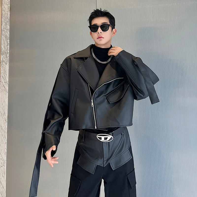 Leather Spliced Black Pants Set