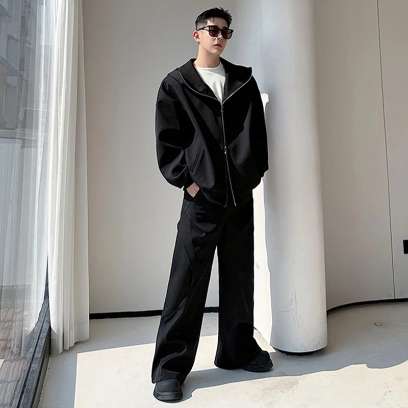 Solid Zipper Hooded Jacket Pants Set
