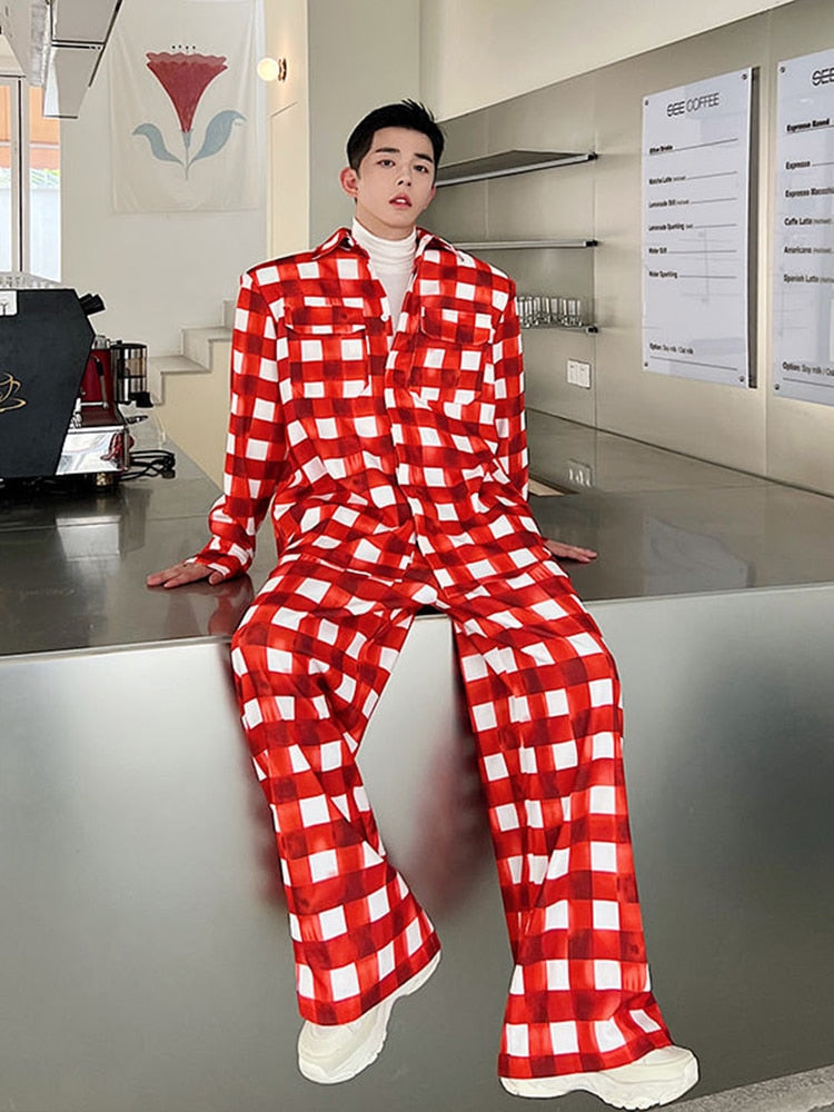 Crimson White Plaid Color Pants Set