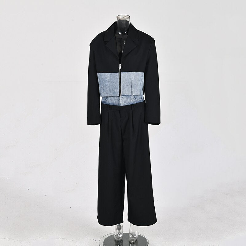 Denim Patchwork Jacket Pants Set