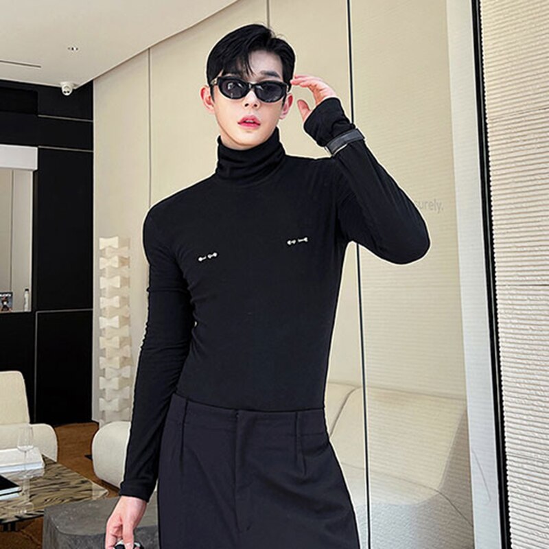Detachable Breastpin Decoration Turtleneck T-Shirt