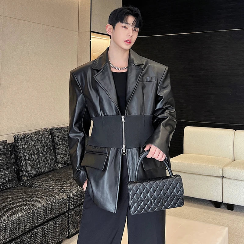 Black Waistband And Leather Zipper Coat