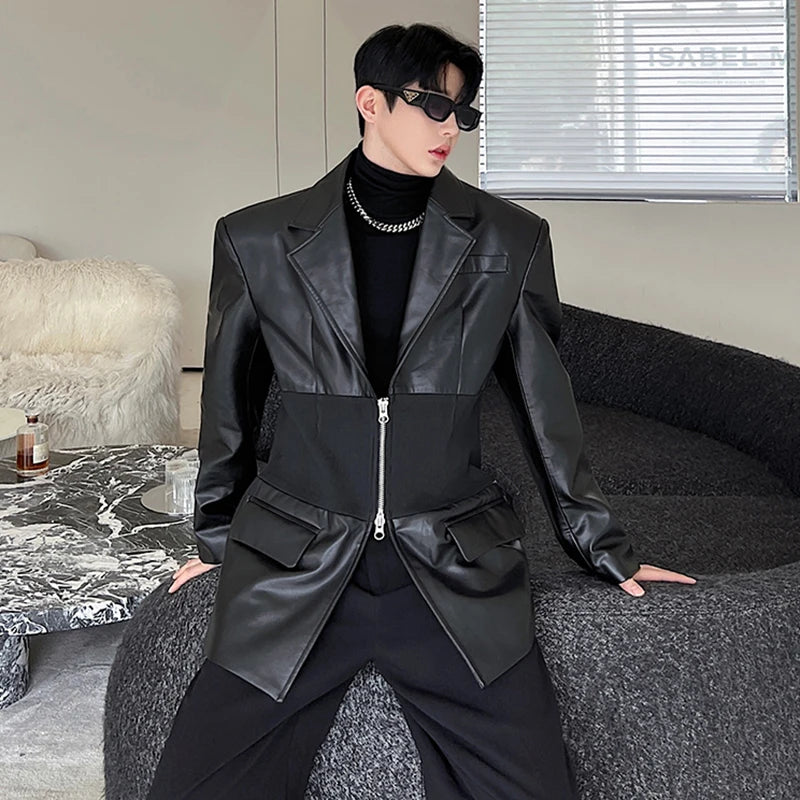 Black Waistband And Leather Zipper Coat
