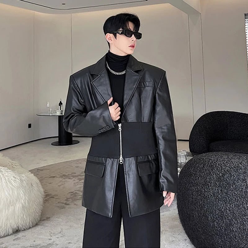 Black Waistband And Leather Zipper Coat