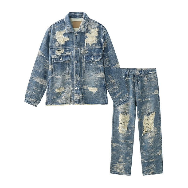 Spring Ripped Denim Jacket Sets