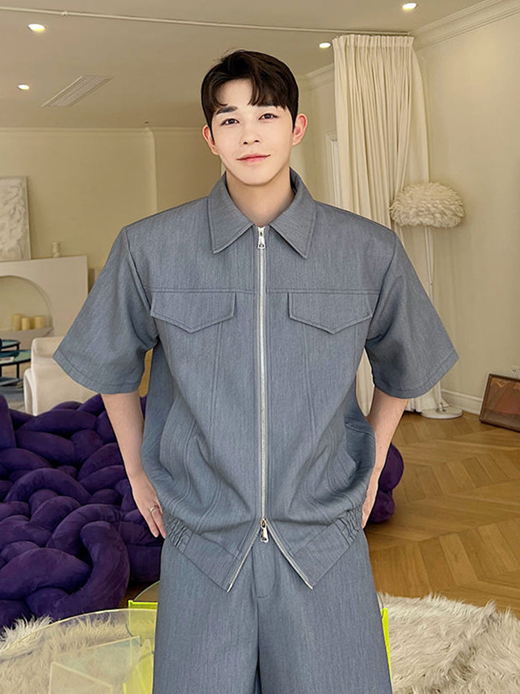 Grey Double Pocket Zipper Shirt