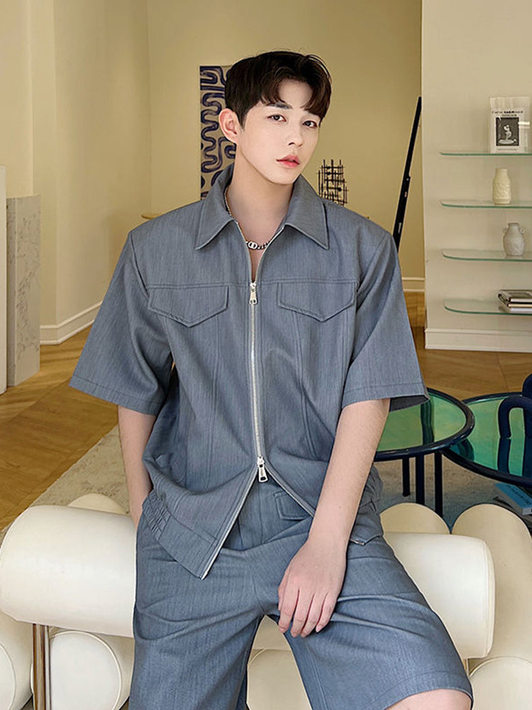 Grey Double Pocket Zipper Shirt