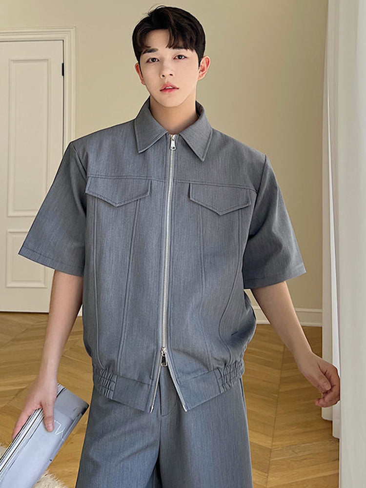 Grey Double Pocket Zipper Shirt