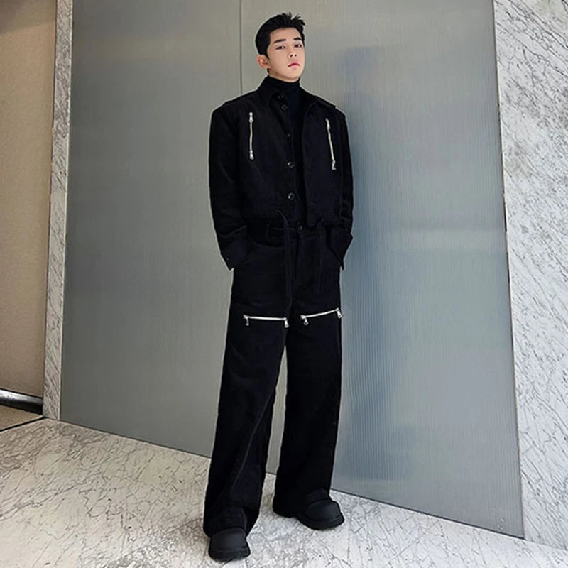 Solid with Zipper Decoration Pants Set