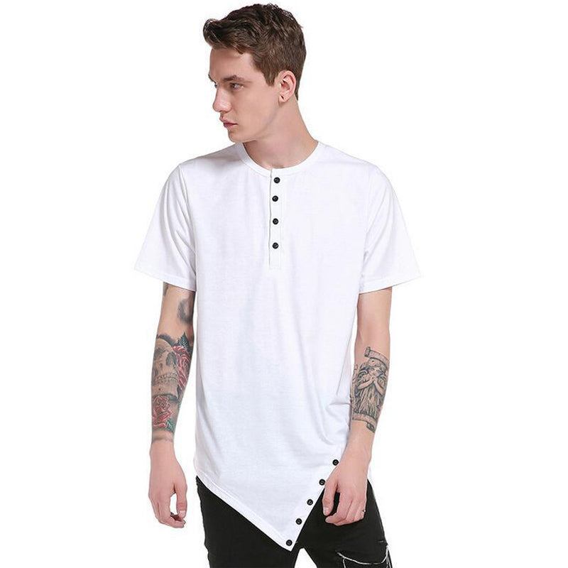 Asymmetric Cut Hem Men Buttoned Neckline T-Shirt