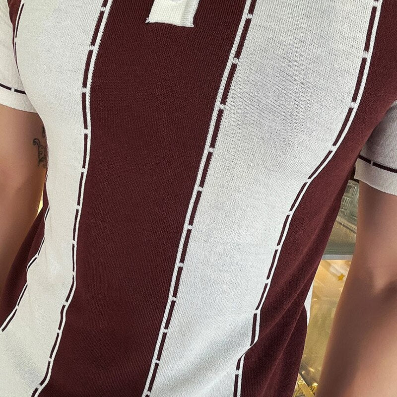 Irregular Dash Striped Two-Tone Polo Shirt