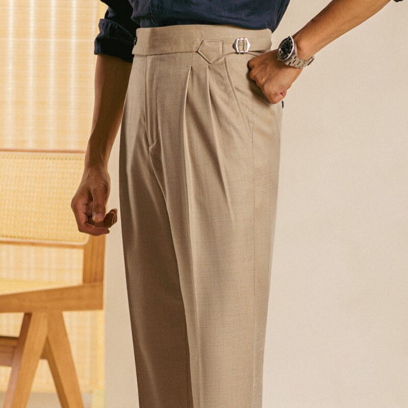 Khaki Color High Waist Polyester Trousers
