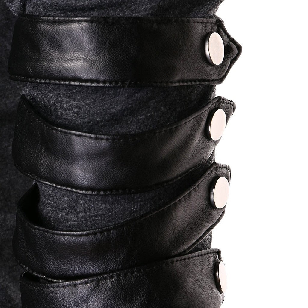 Cordón de color sólido con patchwork de cuero Camisa de manga larga para hombre