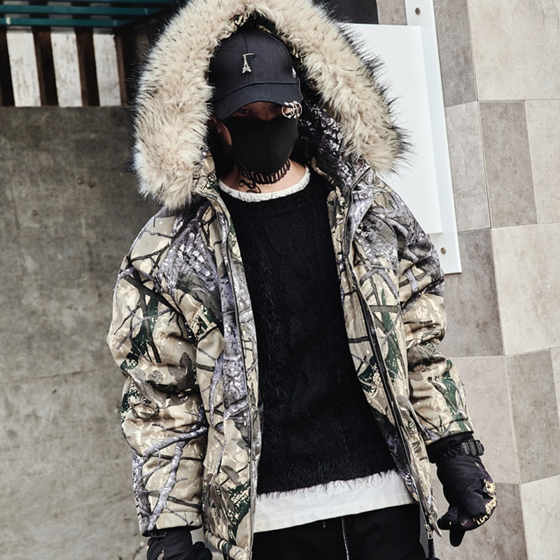 Parka chaude grise à imprimé branches d'arbres abstraits