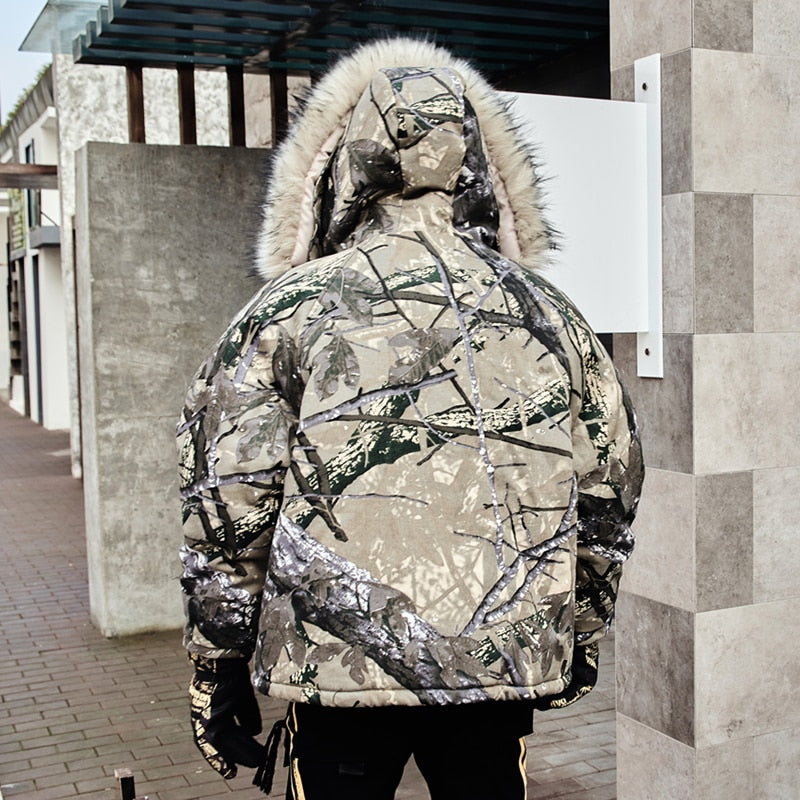 Grey Abstract Tree Branch Printed Warm Parka Jacket