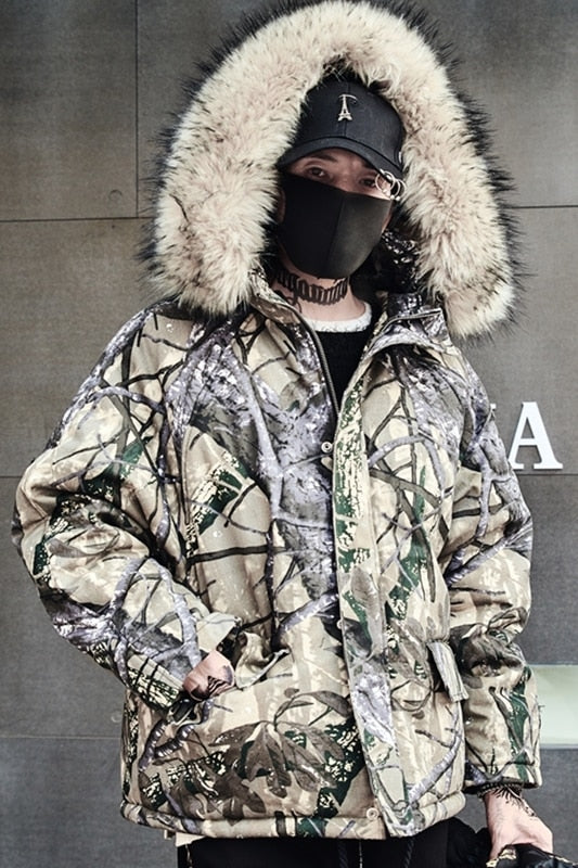 Grey Abstract Tree Branch Printed Warm Parka Jacket