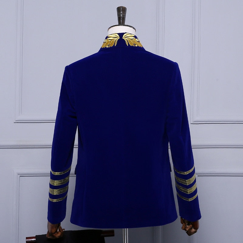 Velvet Royal Blue with Gold Touch Style Men Costume Set Blazer With Pant