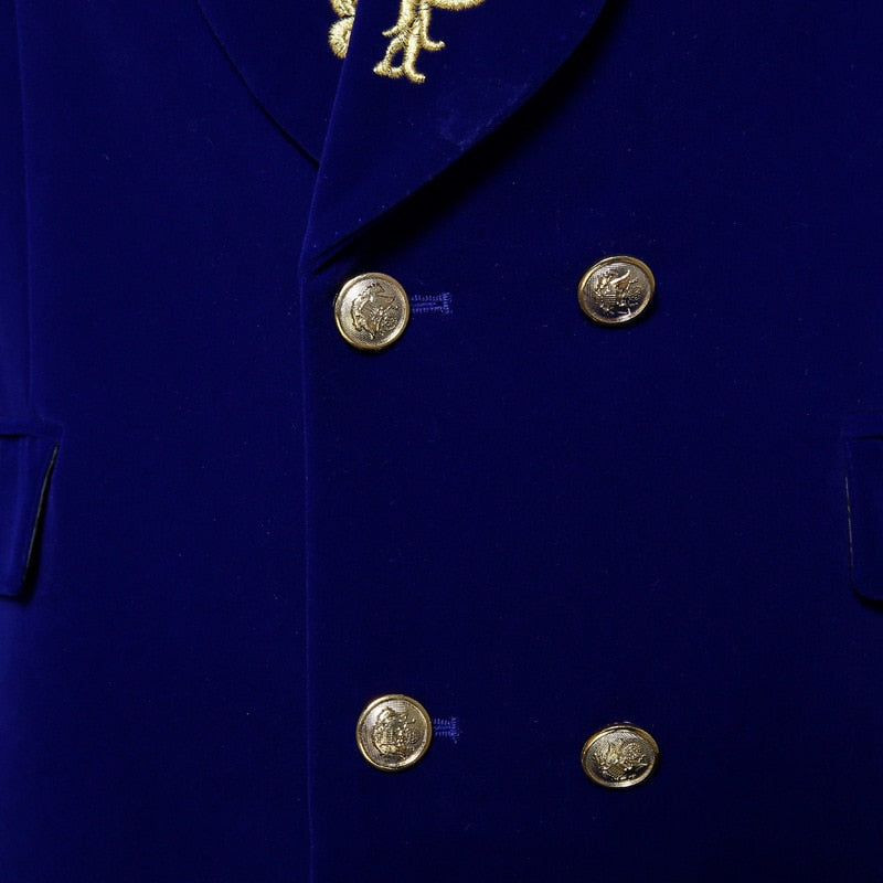 Velvet Royal Blue with Gold Touch Style Men Costume Set Blazer With Pant