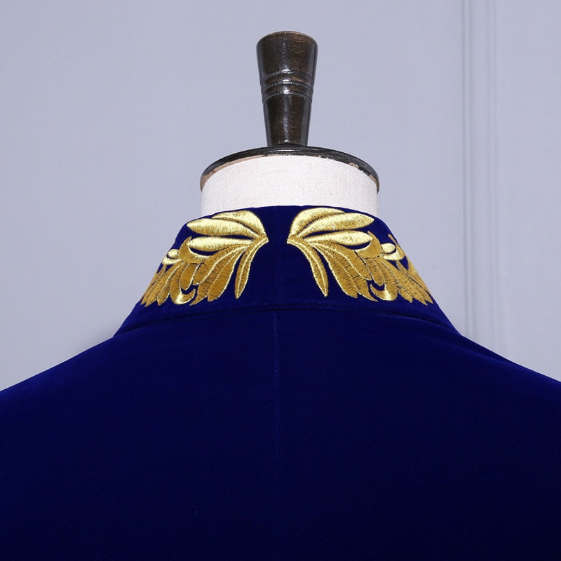 Velvet Royal Blue with Gold Touch Style Men Costume Set Blazer With Pant