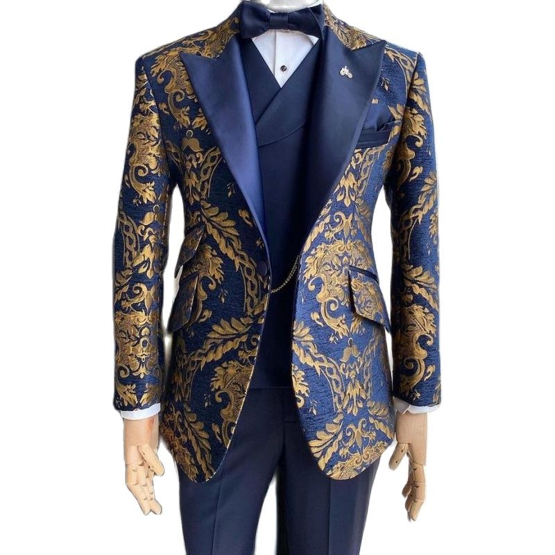 Trajes de 3 piezas azul marino dorado floral