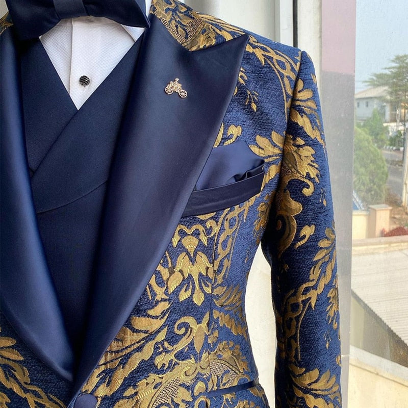 Trajes de 3 piezas azul marino dorado floral