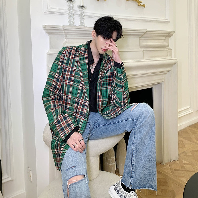 Blazer long à carreaux vert pour homme