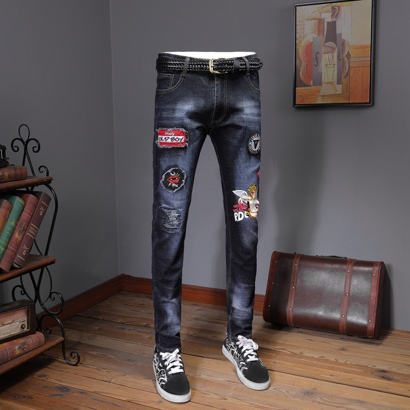 Designer Jeans Men's Patches Ripped Skinny Denim