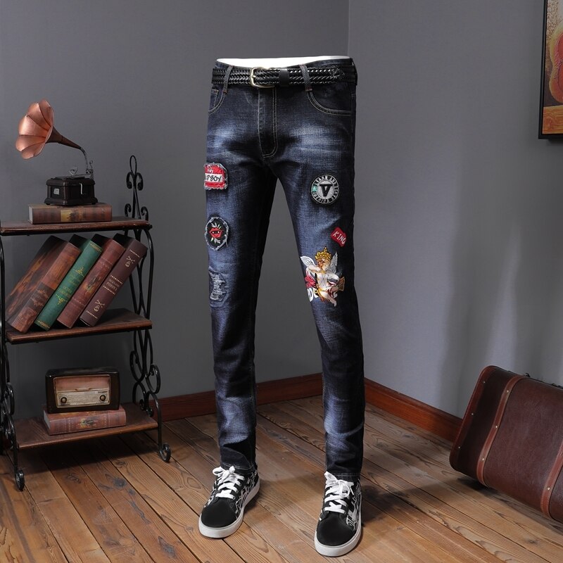 Designer Jeans Men's Patches Ripped Skinny Denim