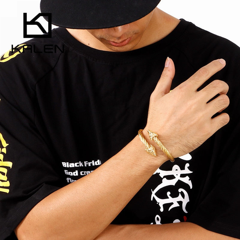 Punk Animal Double Wolf Heads Bangles Bracelets