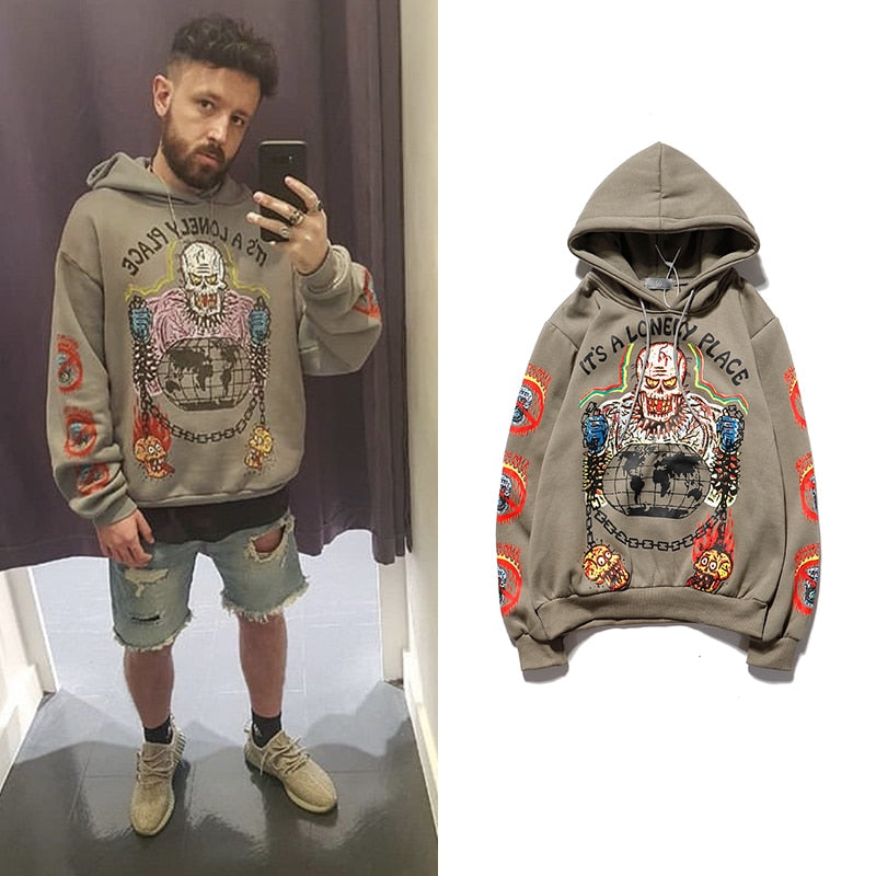 Skull Graffiti Style Impreso Hombres Sudadera con capucha suelta